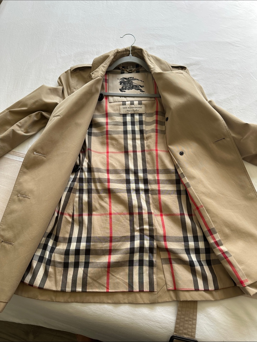 Burberry Tan Double-Breasted Trench Coat with Check Lining - Picture 5 of 5